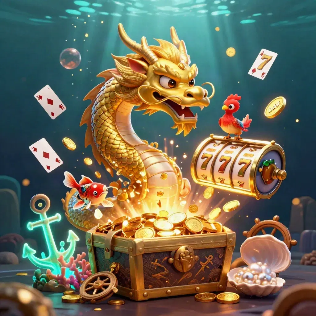 Golden dragon, phoenix and koi burst through an underwater treasure hoard with coins and casino symbols.