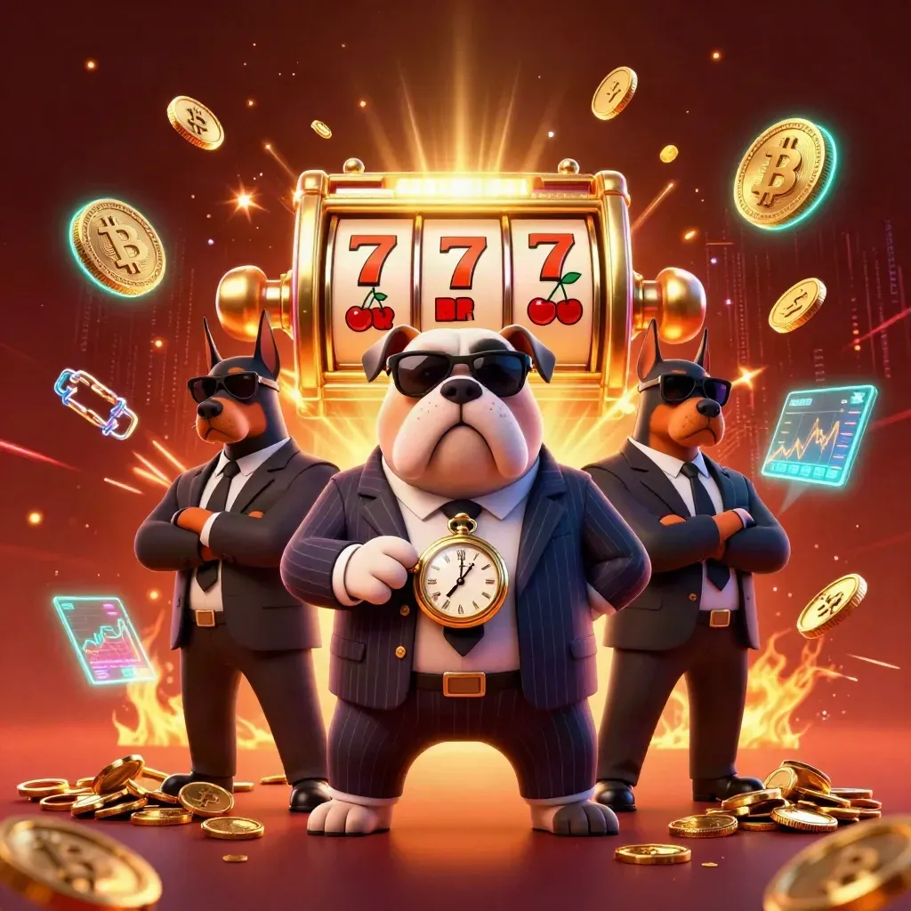 Mafia-boss bulldog and two Dobermans amid coins, loot, slot symbols, and electric casino effects