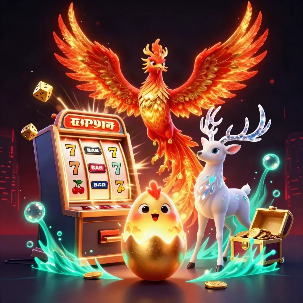 Fire phoenix, baby chick and crystal stag amid slot symbols, gold coins and neon glow