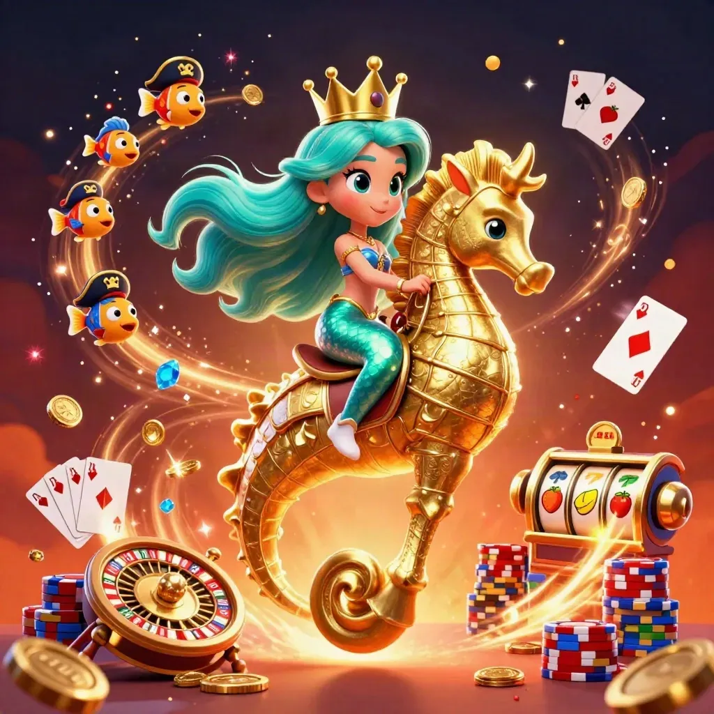 Mermaid princess on a gold seahorse, coins, cards, chips, roulette, and slot symbols explode around her.
