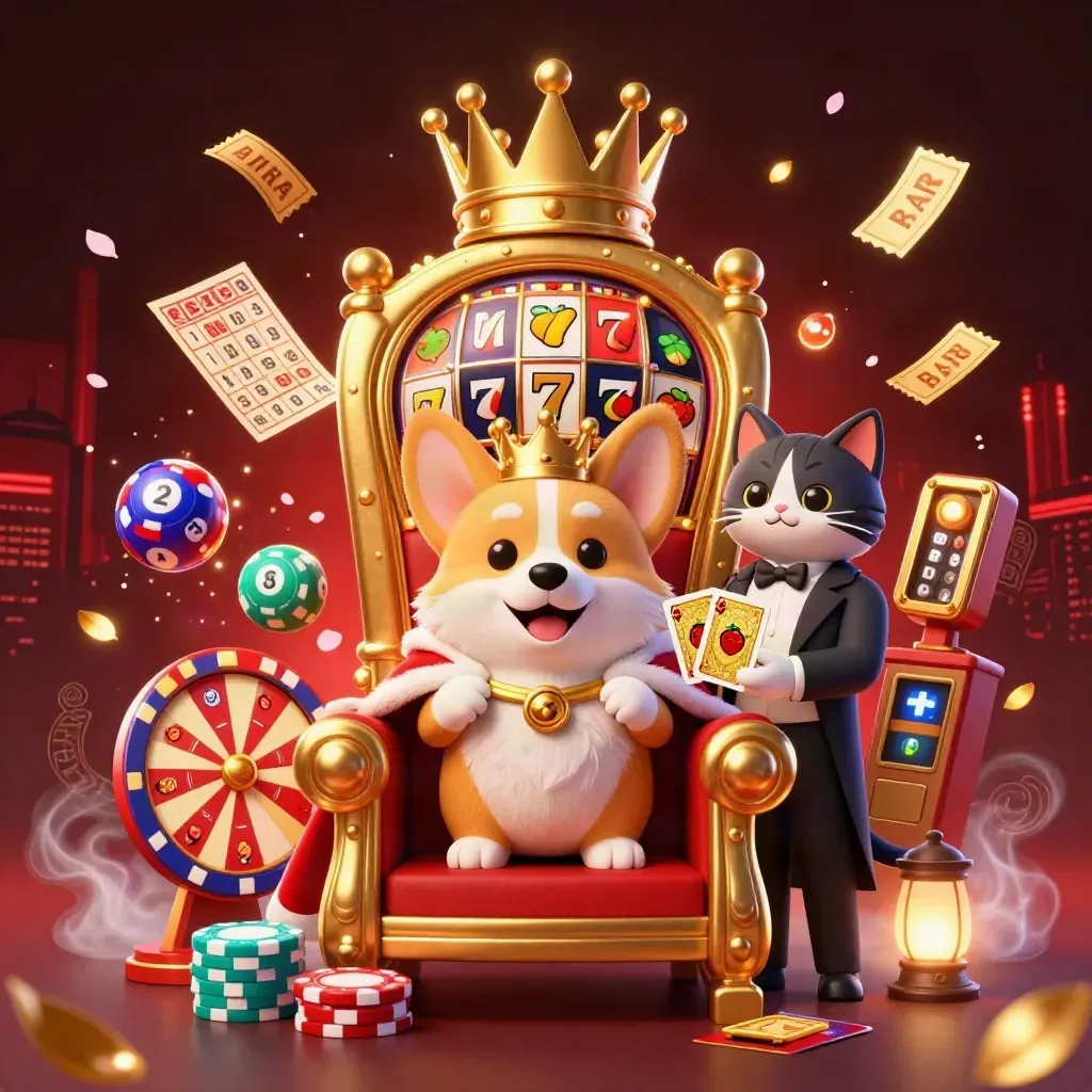 Royal corgi and cat butler amid casino chips, reels, lottery balls and glowing jackpot effects.