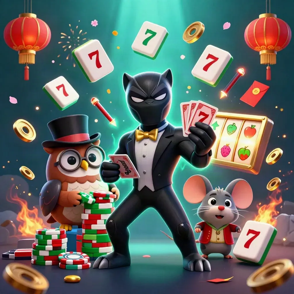 Panther, owl, and mouse in luxe casino chaos with glowing reels and chips