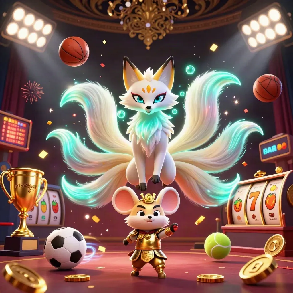 Nine-tailed fox spirit and golden mouse amid slot symbols, balls, coins and casino glow
