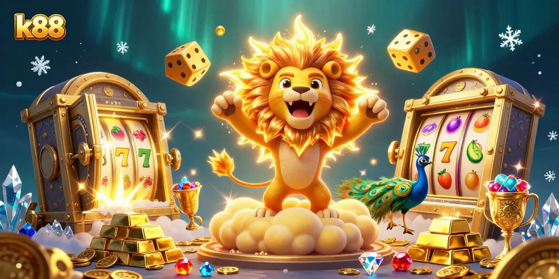 Win big with k88: Illustrated casino scene featuring golden dice and treasures.
