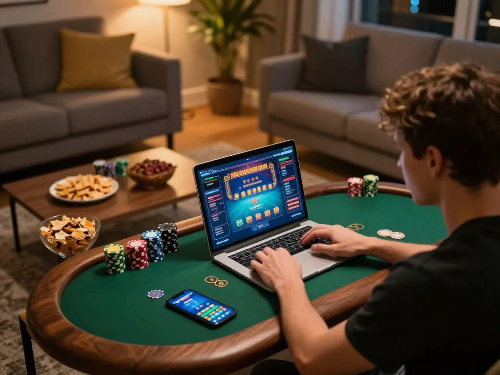 Engaging in online poker gameplay on go 88 platform, immersed in a cozy home environment with snacks and devices.
