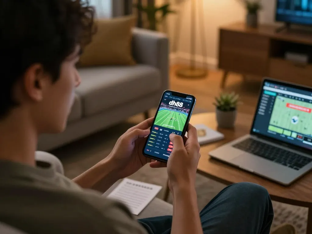 Engaging with the dh88 app for live sports betting from home during a cozy evening.