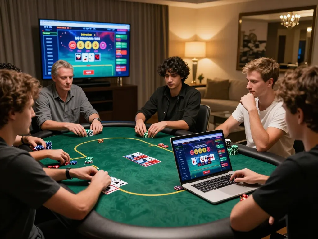 Players engaging in an online poker game with go8 in a cozy home environment, emphasizing strategic gameplay.