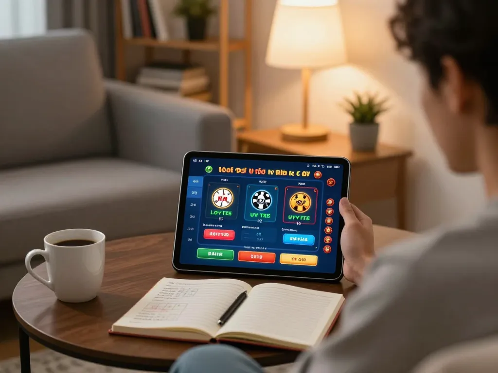 Lô Đề Uy Tín player strategizing with a tablet in a cozy home setting.