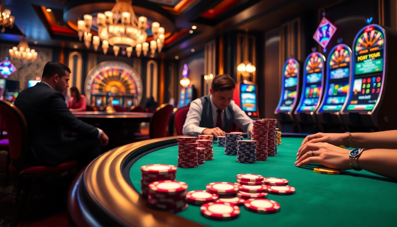 Experience the thrill of u8888 gaming at a luxurious casino, with vibrant poker tables.