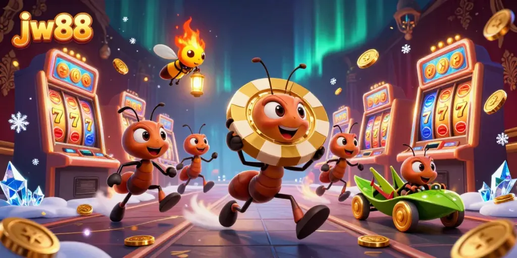 Engage in thrilling action with jw88, where cartoon ants pull off a heist for a giant poker chip amidst dynamic casino elements.