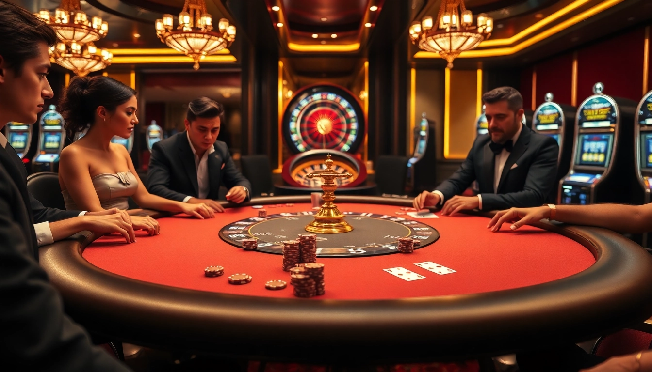 Experience the thrill of RR99 poker at a luxurious casino table with engaged players.