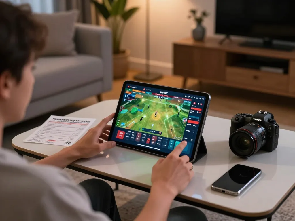 Placing live bets on Bsport through a tablet in a cozy home setting during an exciting sports event