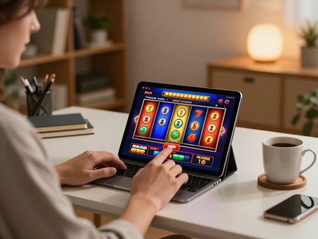 Main permainan slot online yang menarik di tablet dalam suasana rumah yang nyaman.