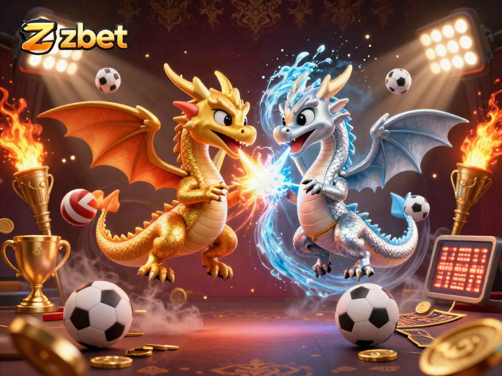 Experience thrilling gaming action with zbet featuring 3D cartoon dragons amidst dynamic sports elements.