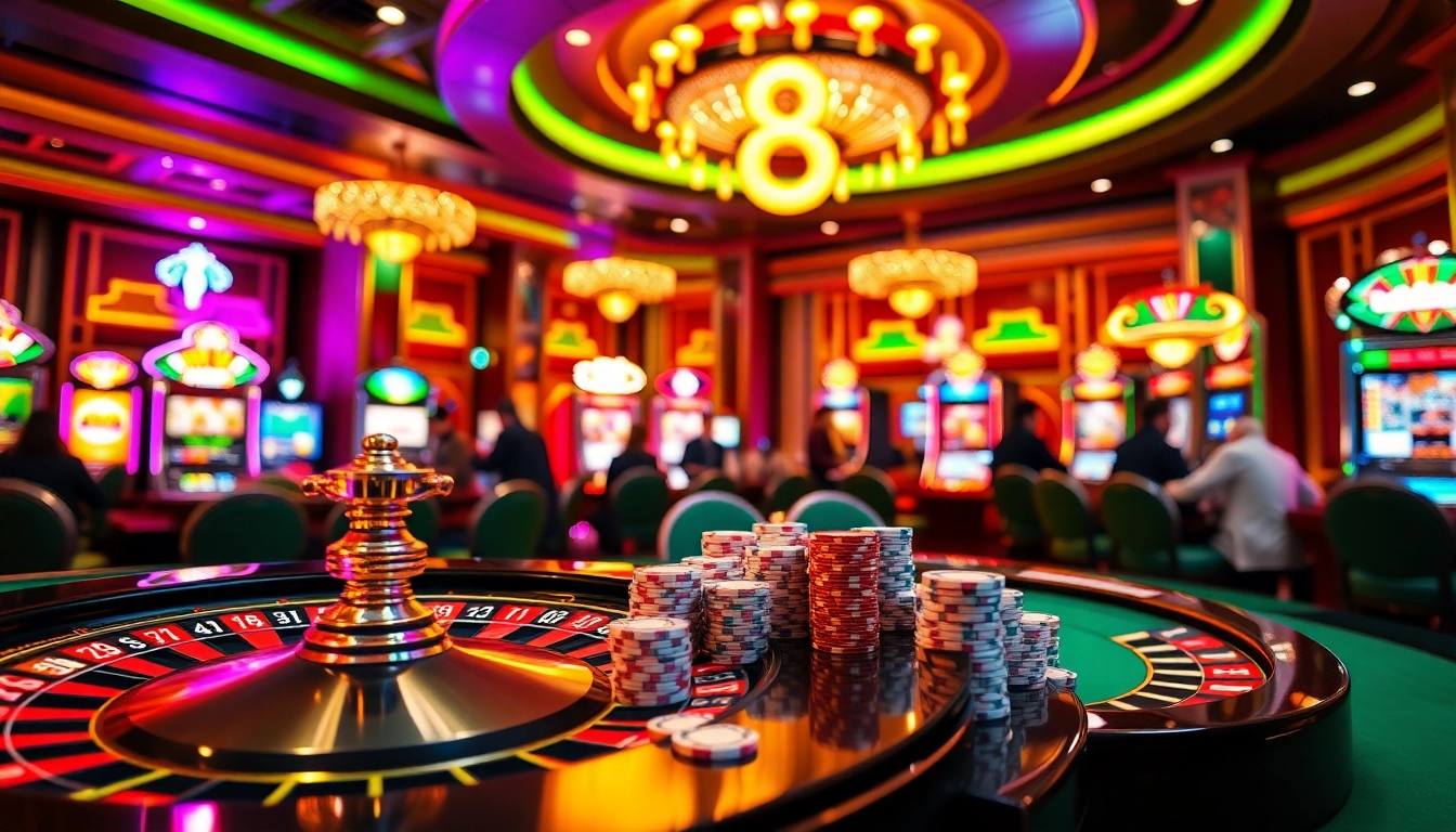 Experience luck 8 with vibrant casino action featuring roulette, poker chips, and slot machines.