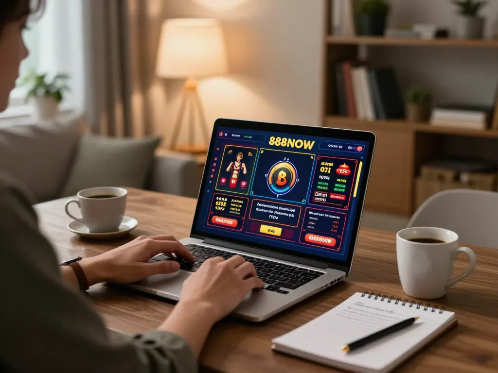 Engaging in strategic online gaming with 888NOW on a laptop in a cozy home environment.