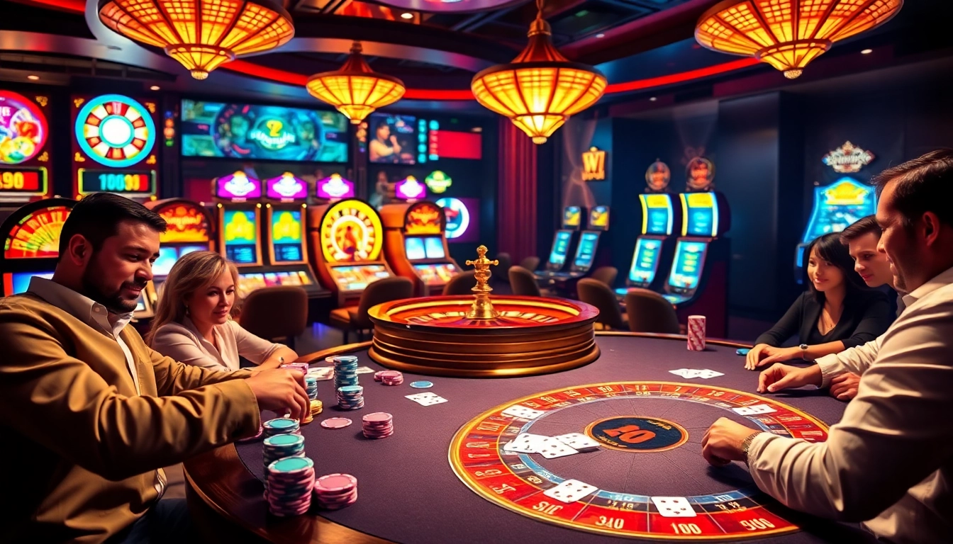 Luckywin casino enthusiasts engaging at a vibrant poker table with colorful chips and cards.
