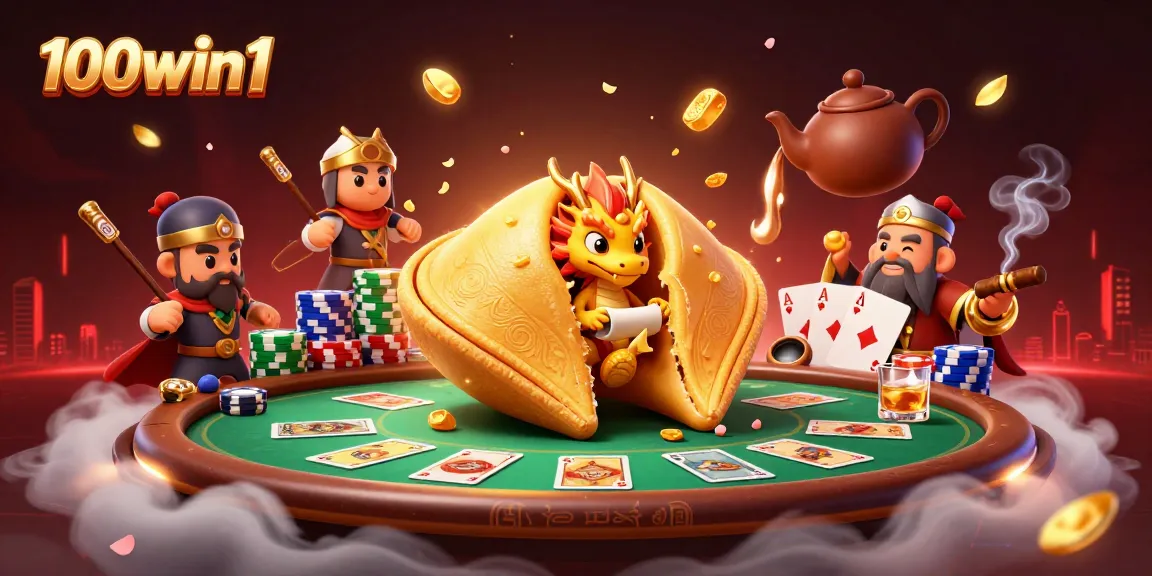 Engage in thrilling gameplay at 100win1 with golden fortune cookie characters and vibrant poker elements.