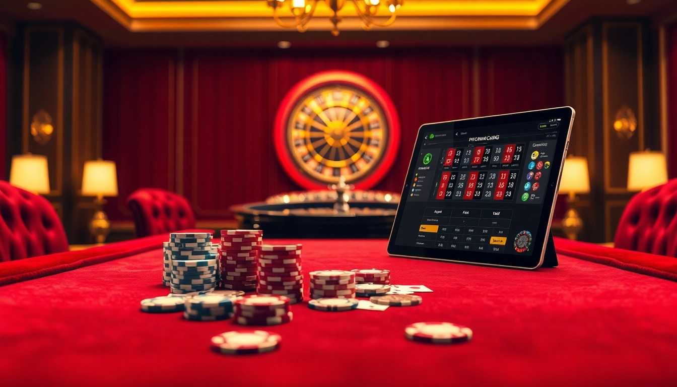 Engaging gaming experience at https://555w.in/, featuring vibrant poker chips and a sleek online betting tablet.
