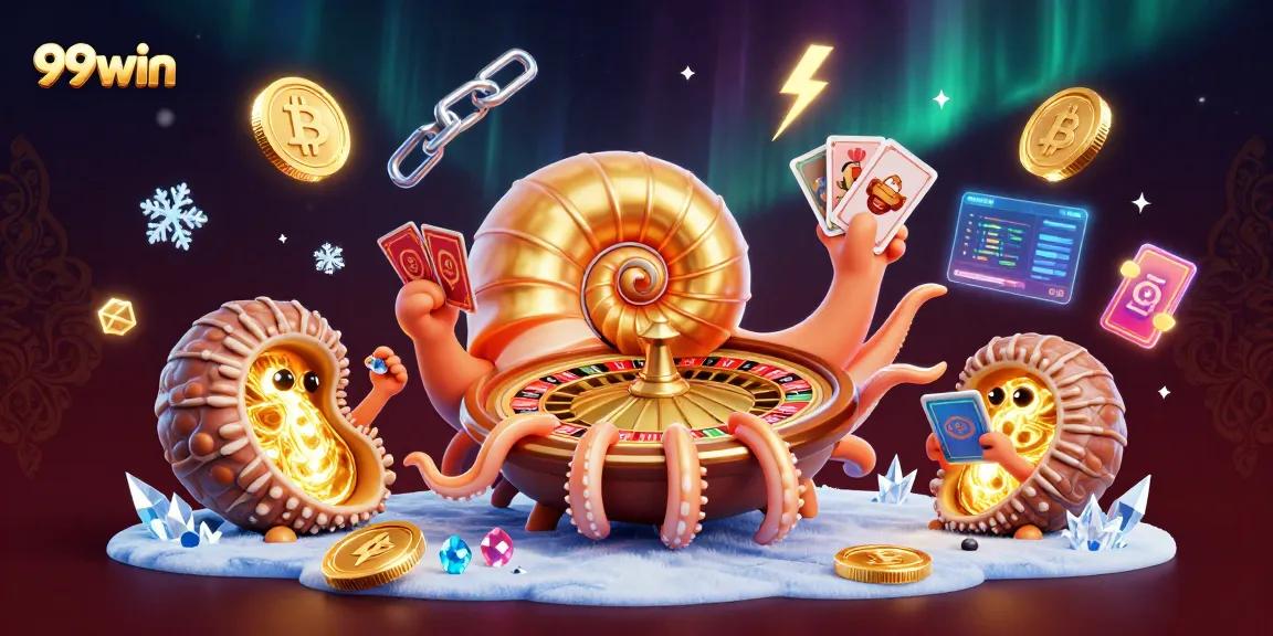 Join the exhilarating world of 99win as a giant nautilus spins the roulette wheel amidst vibrant gaming elements.