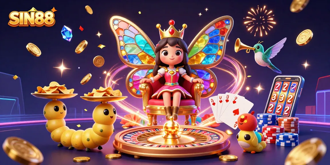 SIN88 brings excitement with a vibrant casino scene featuring a butterfly queen, golden chips, and roulette.