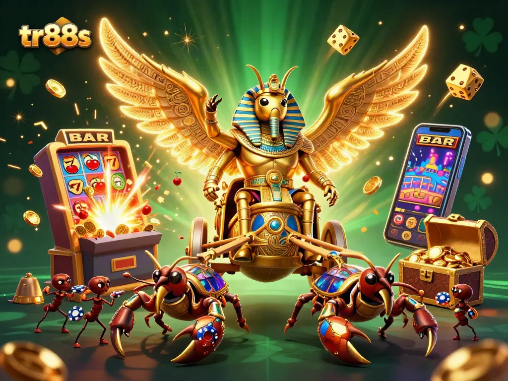 Experience thrilling gaming excitement with tr88s in a vibrant 3D casino scene featuring jackpots and golden characters.