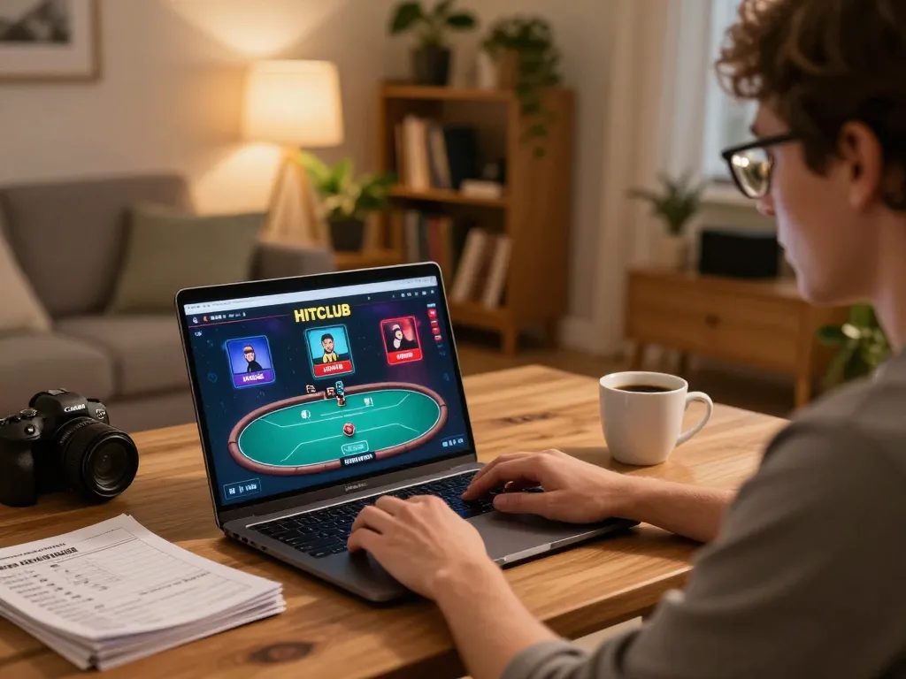Player engaging with HITCLUB online casino while enjoying a relaxed home ambiance and strategic gameplay.