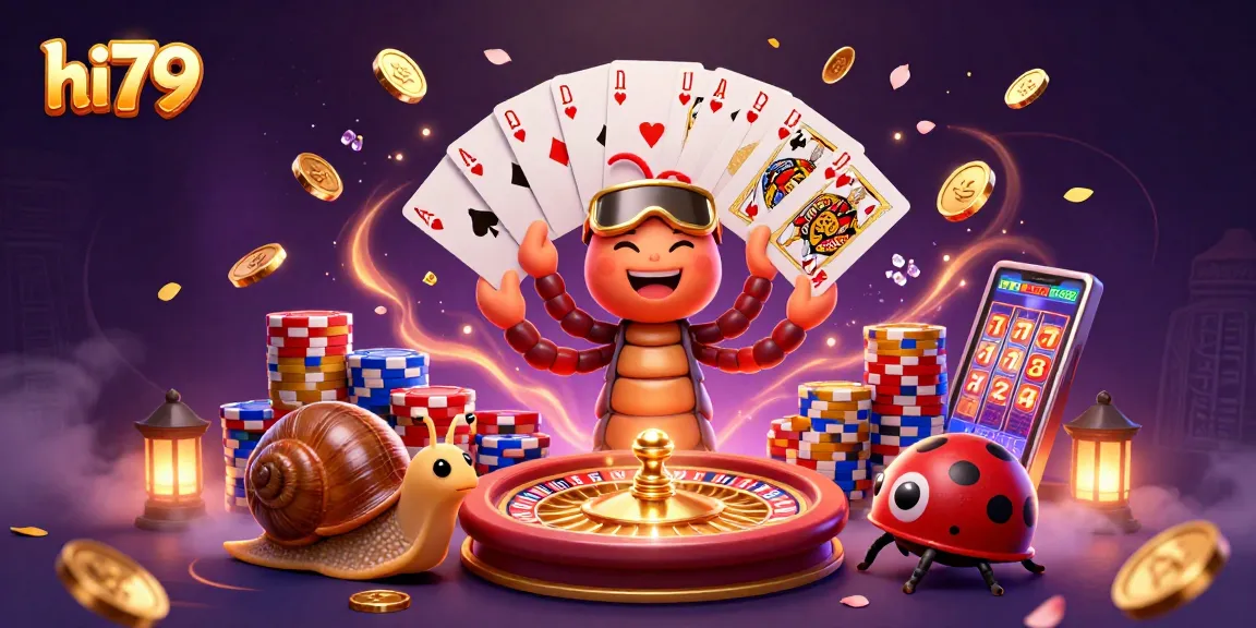 Experience thrilling casino action with hi79 featuring a cartoon millipede dealer and vibrant chips.
