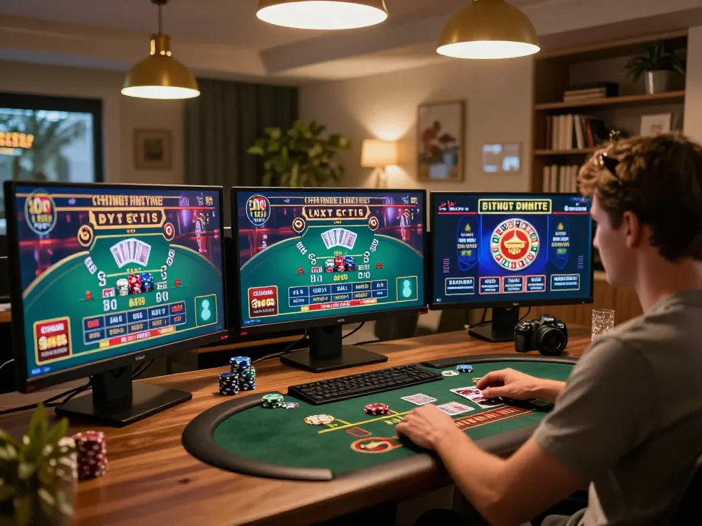 Player engaging in online gambling at tr88, showcasing poker and casino games on multiple screens in a stylish home setup.