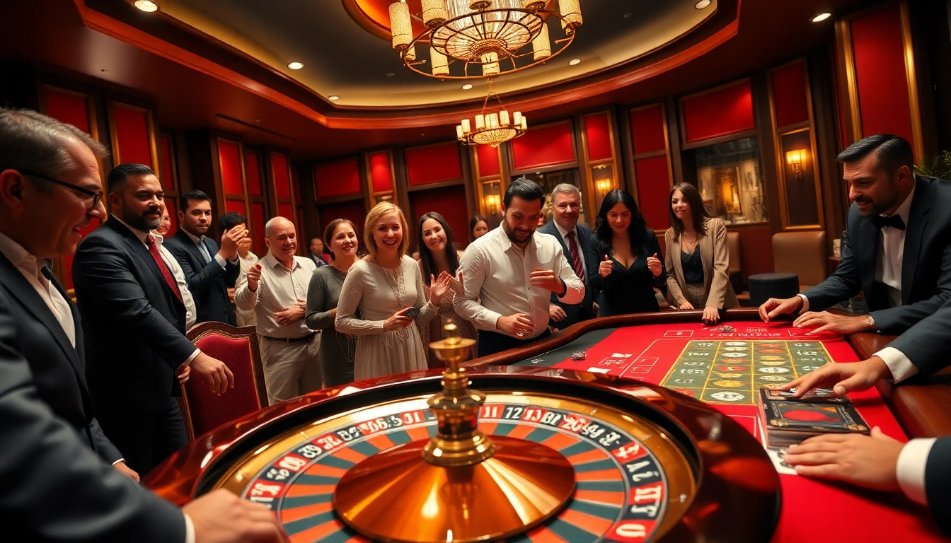 Excited players engaging in high-stakes gambling with 7M casino elements in a luxurious setting.