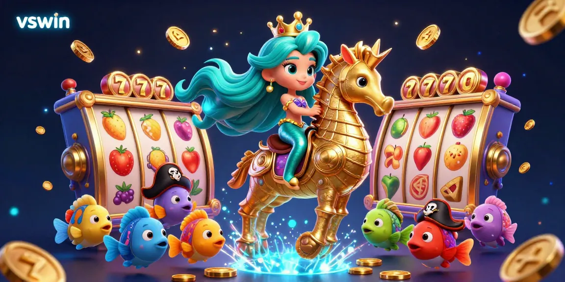 Experience thrilling moments at vswin with a 3D mermaid and giant seahorse amidst vibrant slot machine elements.