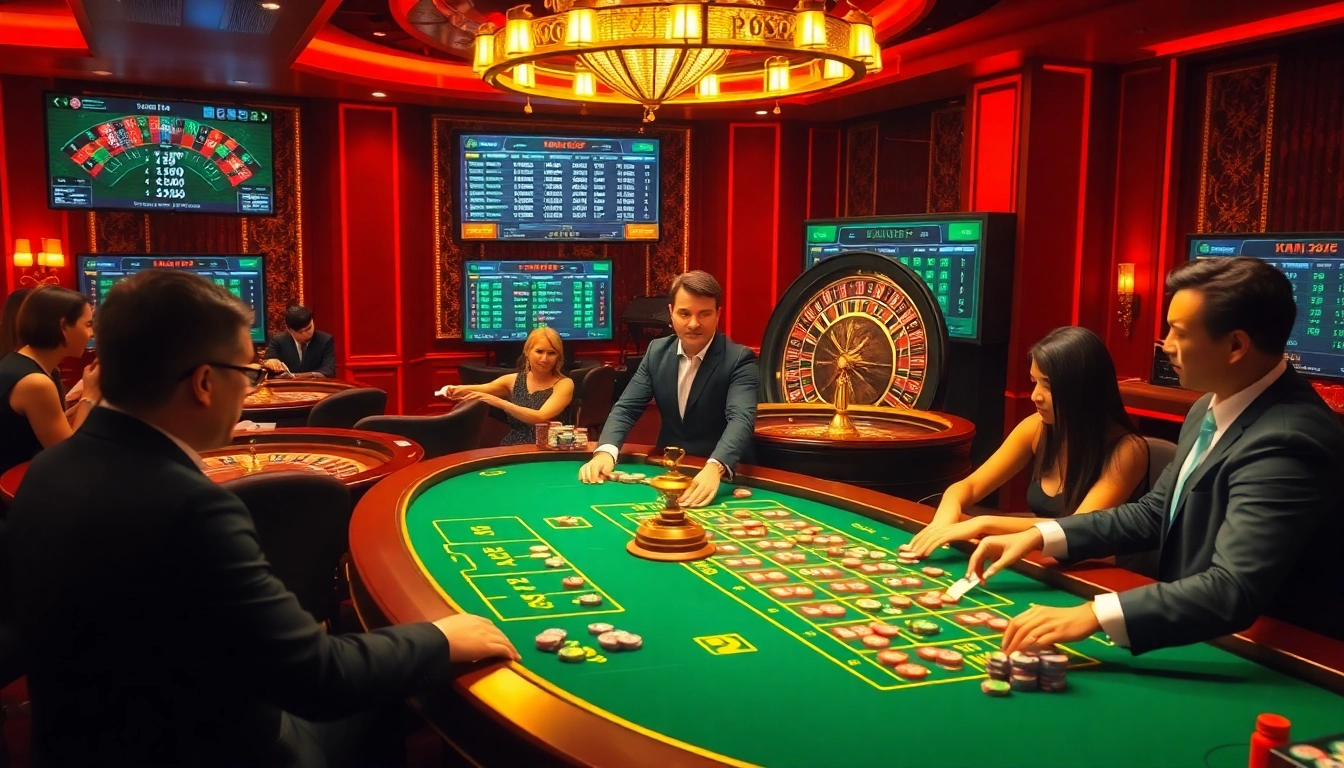 Players enjoying spirited games at km1888b casino tables, with colorful chips and cards.