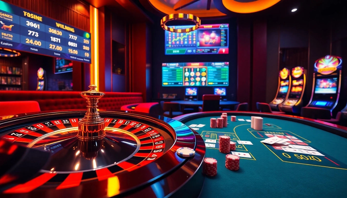 Experience the excitement of online gambling at https://gg888.info/ with a luxury casino scene featuring roulette and poker games.