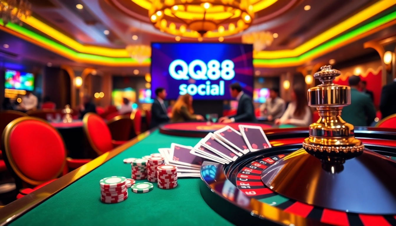 Engaging scene at QQ88 Social casino with vibrant poker chips, roulette wheel, and excited players.