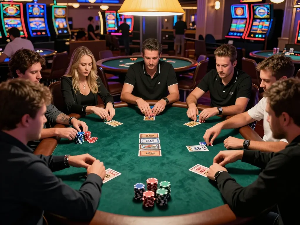 Players strategizing during a tense poker game at km777 casino, vibrant chips and community cards visible.