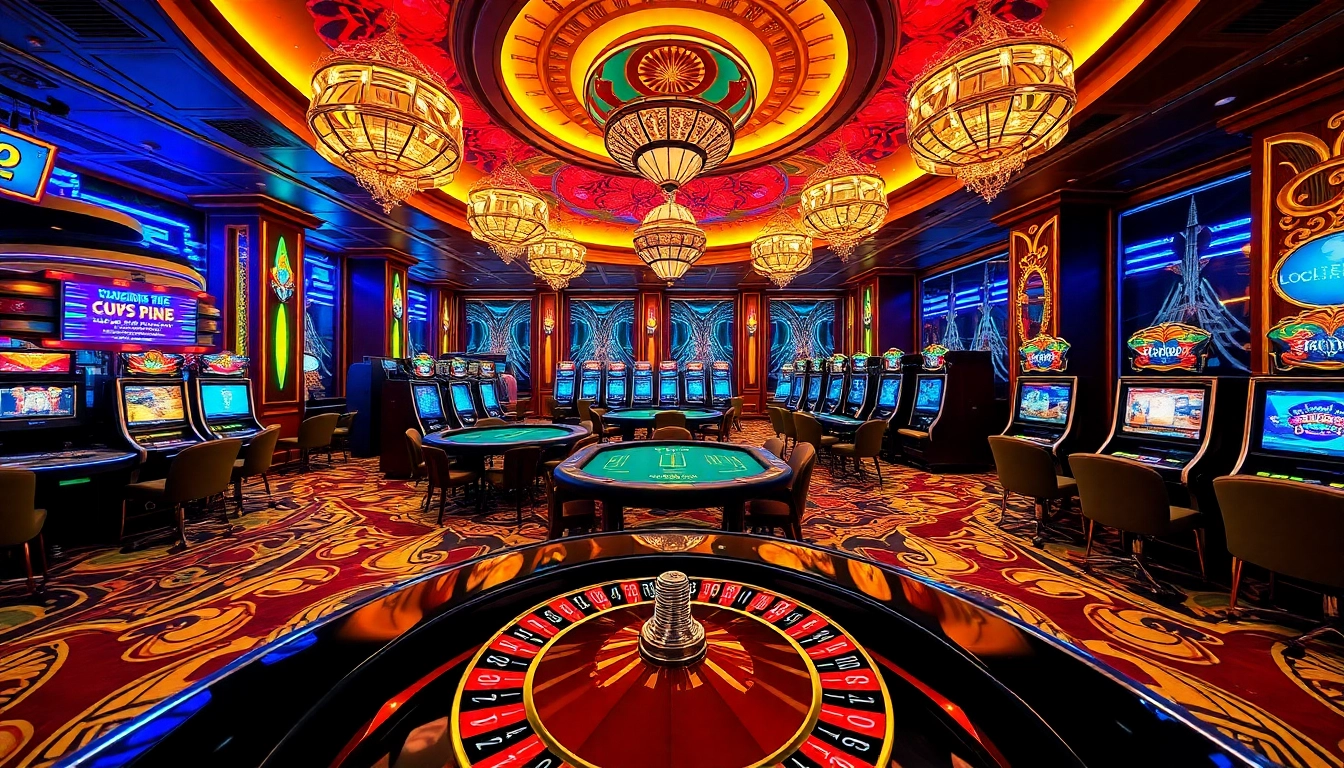 Players enjoying vibrant games at hm88 casino with roulette and slot machines.