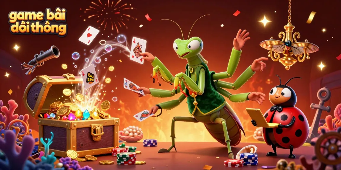 Experience the excitement of game bài đổi thưởng with a dazzling casino scene filled with vibrant characters and rich treasures.