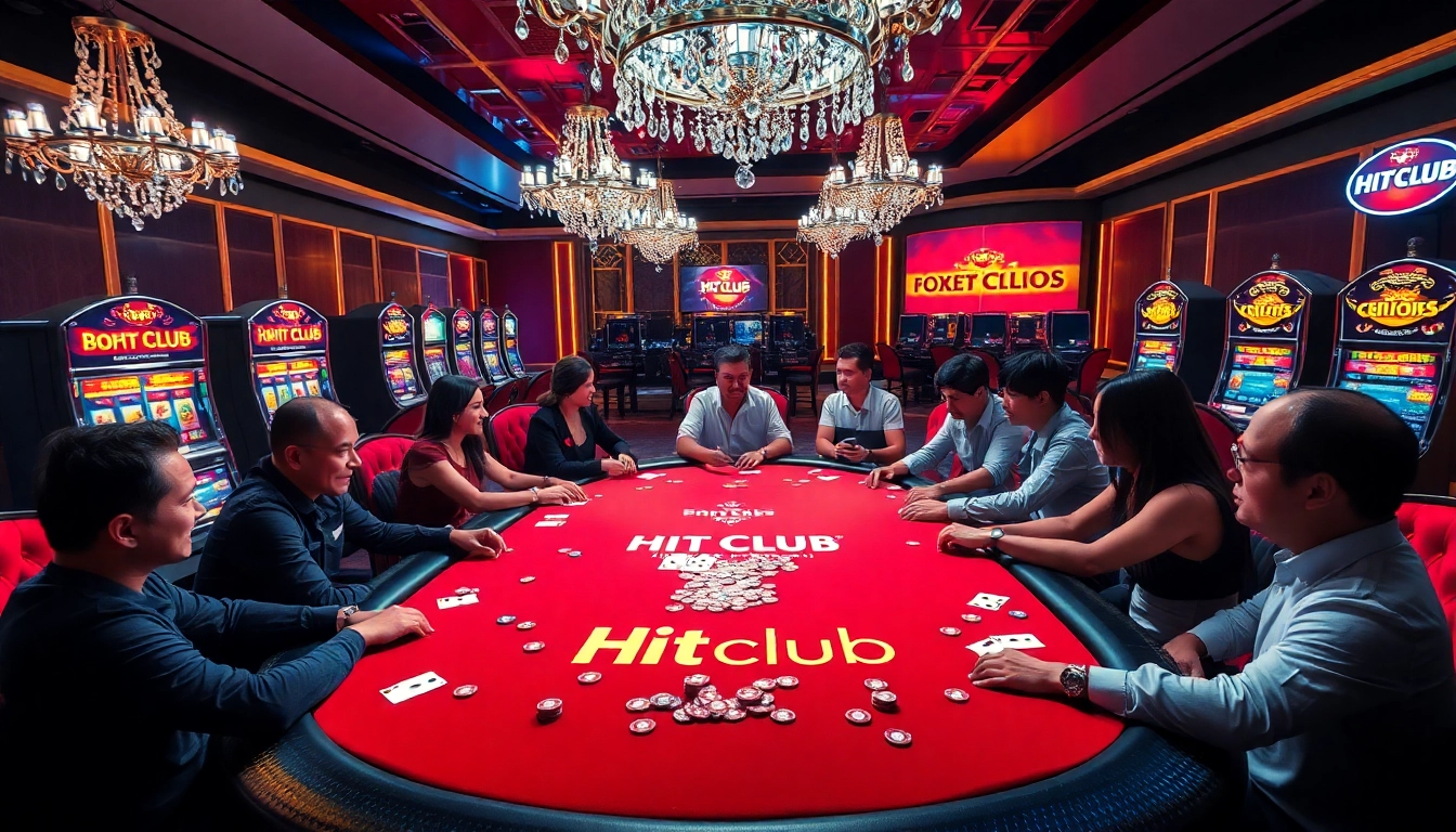 Hitclub poker players at a vibrant gaming table with chips and cards in a luxury casino setting.