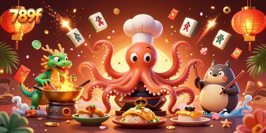 Experience thrilling slots at 789f with octopus chef and dragon in an exciting casino scene.