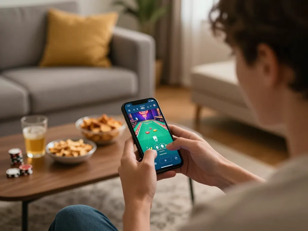 Engaging poker gameplay on a mobile app, showcasing go8 gaming experience in a cozy home setting.