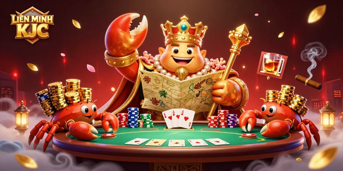 Engage with the excitement of LIÊN MINH KJC through a vibrant poker scene featuring a golden crab emperor.