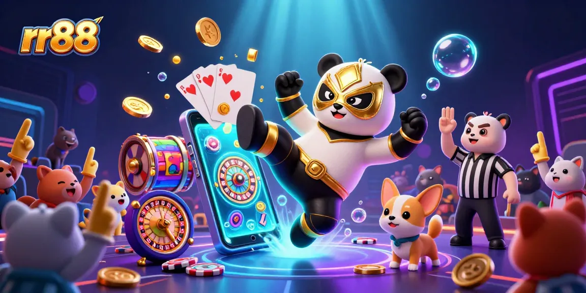Experience the thrill at rr88 with a vibrant scene of animal spectators cheering for the panda wrestler in a dynamic casino setting.