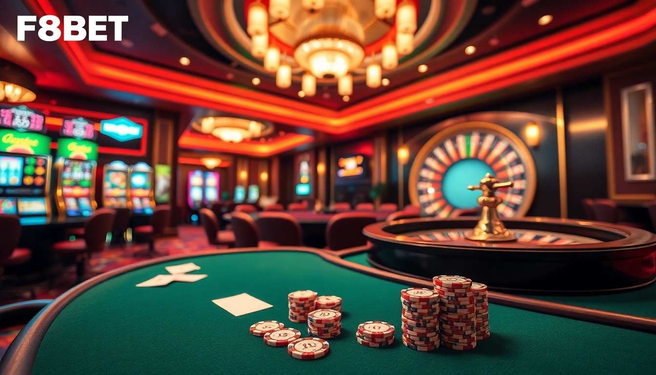 Experience the excitement of F8BET trang chủ with a stunning casino scene featuring vibrant colors and dynamic gambling elements.