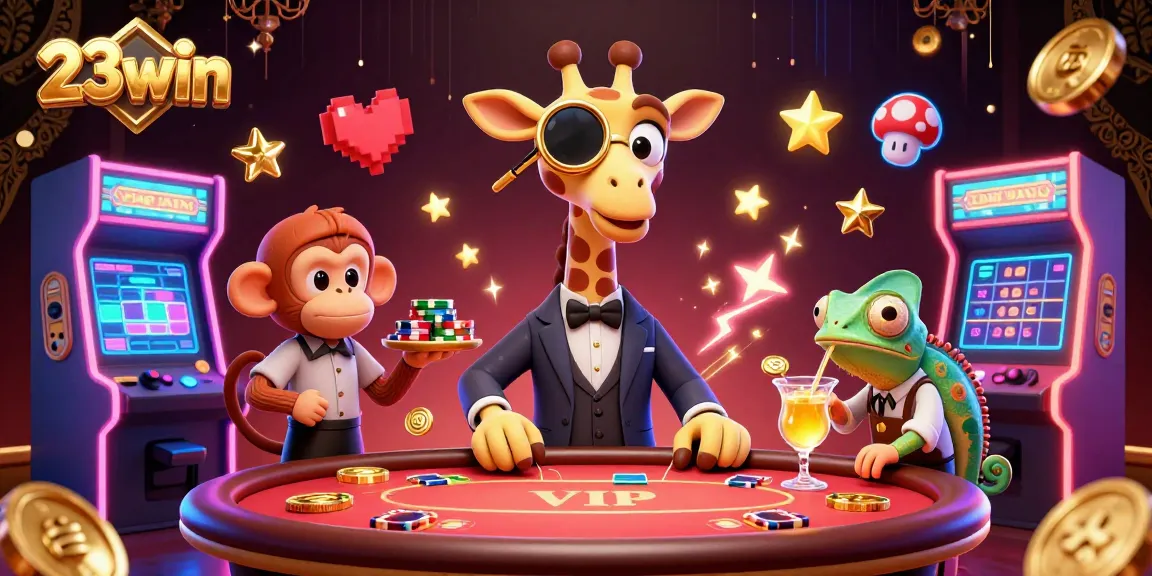 Engage with 23win in a vibrant casino scene filled with animated characters and gaming excitement.