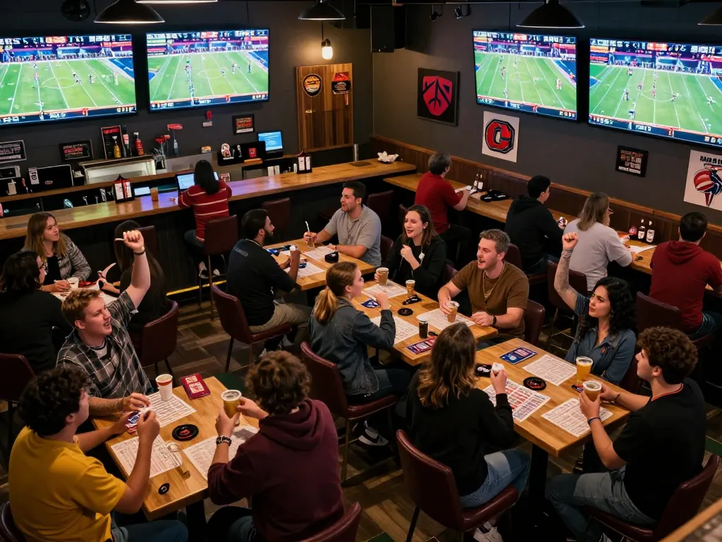 B52 sports betting setup with fans cheering and live games showing on multiple screens.