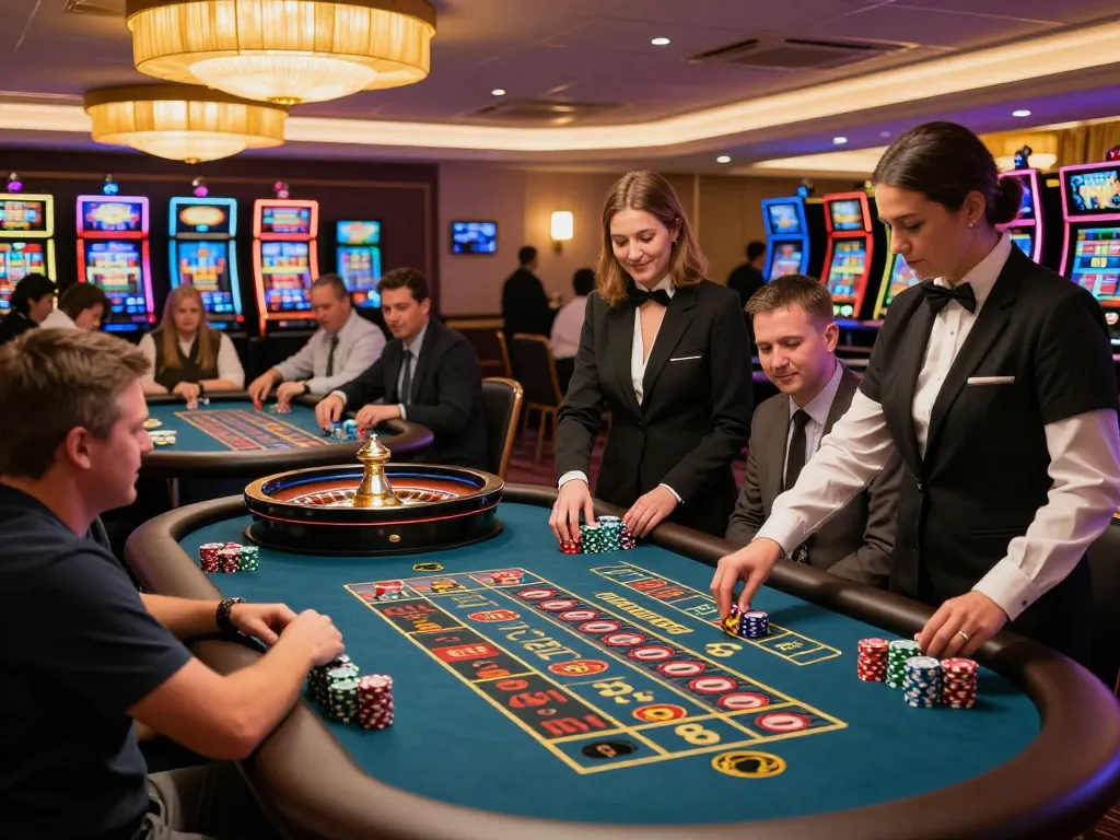 Players engaging at roulette tables in a lively F8BET casino atmosphere