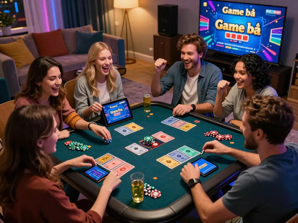 Engaging group playing Game bài in modern online casino setting.