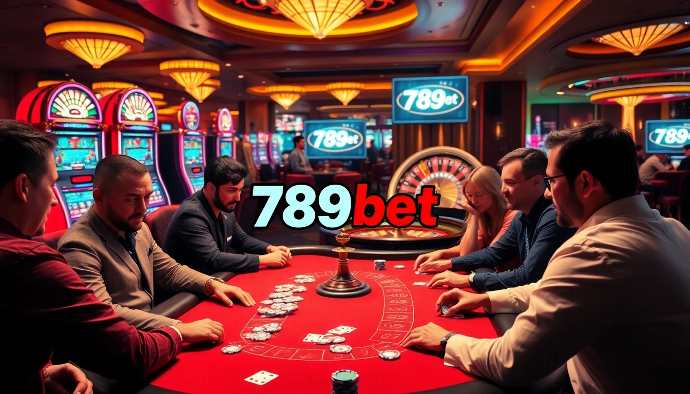 Players enjoying an exciting poker game at 789bet casino, showcasing vibrant slot machines and a roulette wheel.