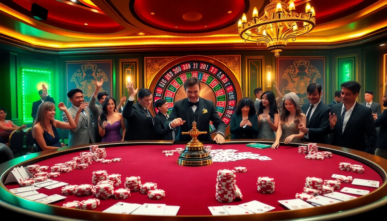 A dynamic casino scene showcasing excitement at fun79.vip with poker chips and players celebrating wins.