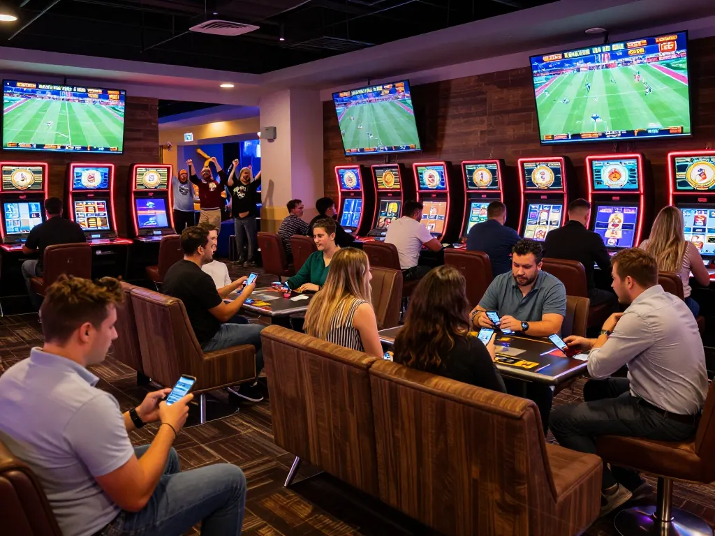 Engaged bettors analyzing bets at keobongda sports betting lounge, showcasing excitement and strategy.